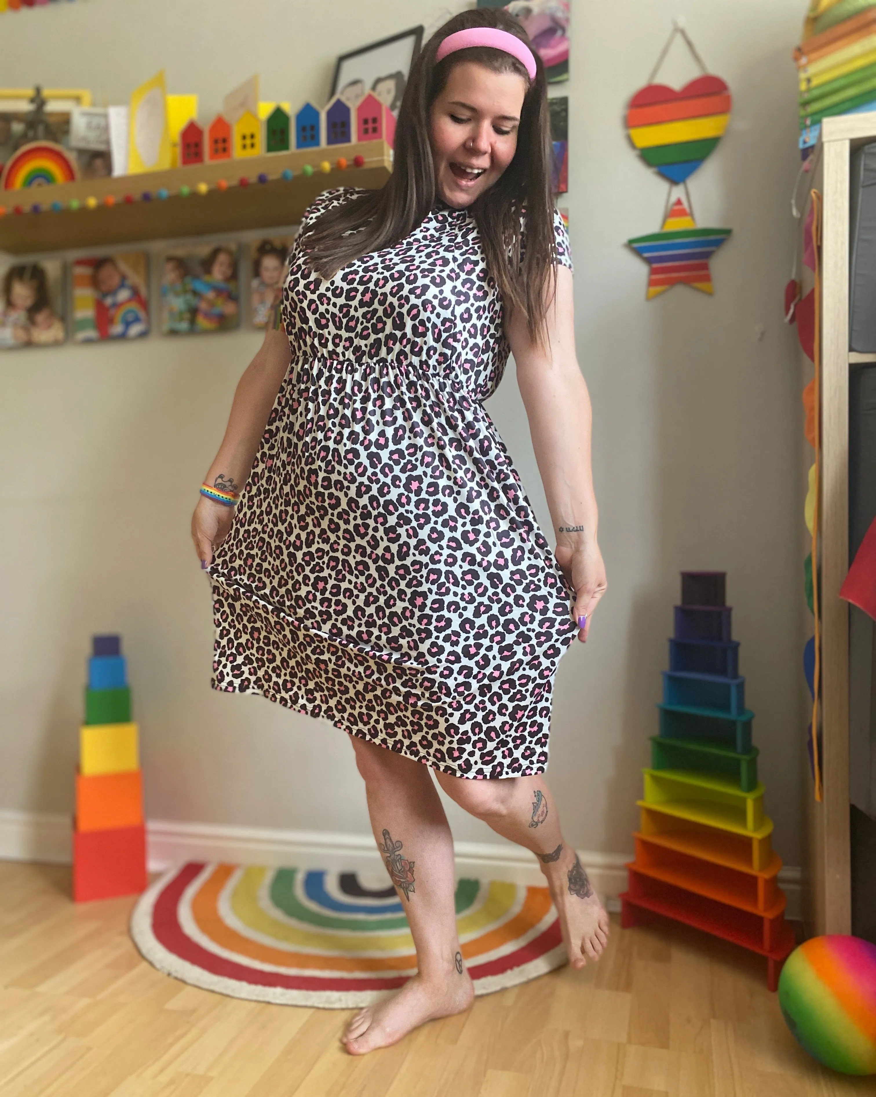 The Knee Length Breastfeeding Dress - Lizzie Leopard Pink