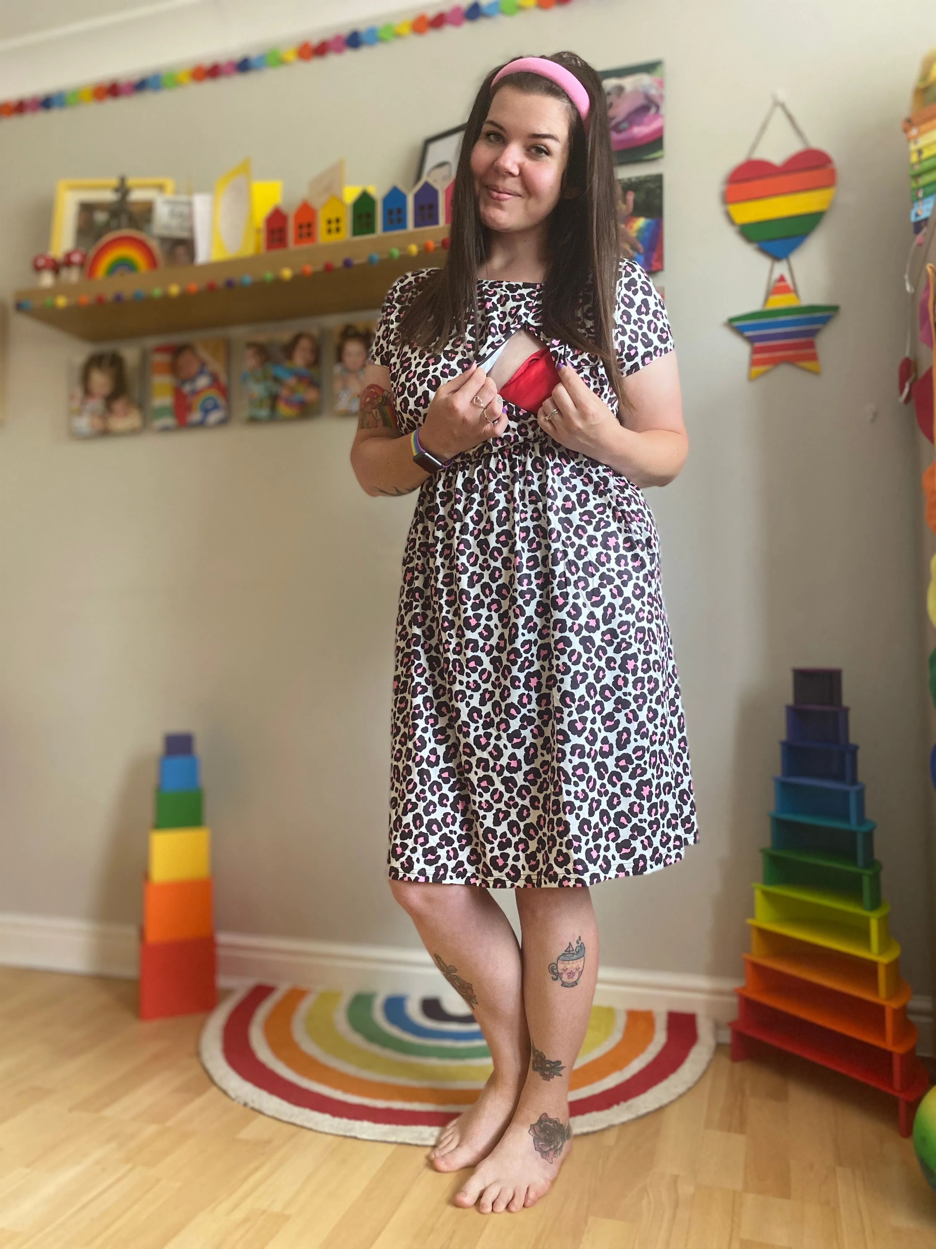 The Knee Length Breastfeeding Dress - Lizzie Leopard Pink