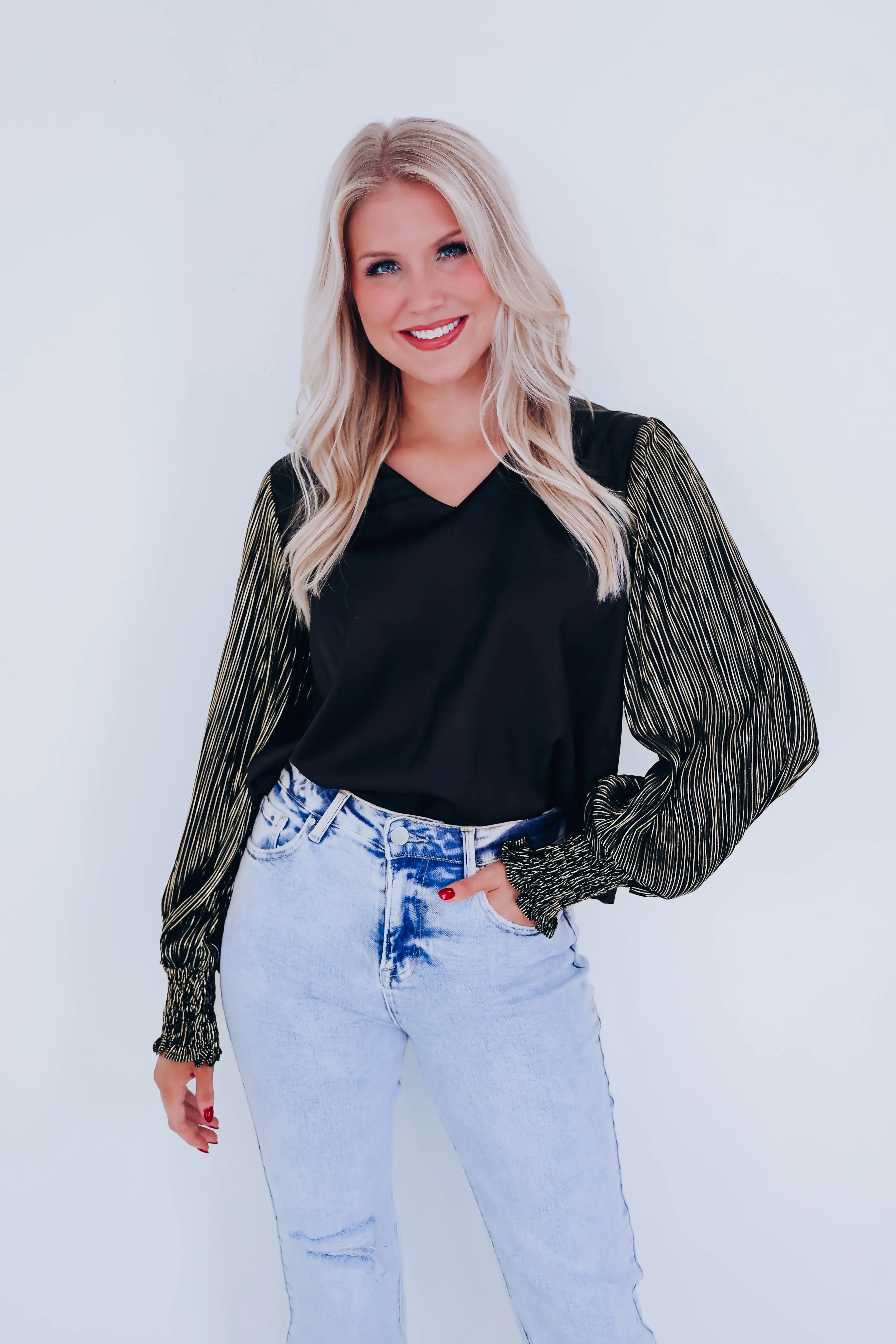 Touch Of Chic Shimmer Sleeve Top - Black