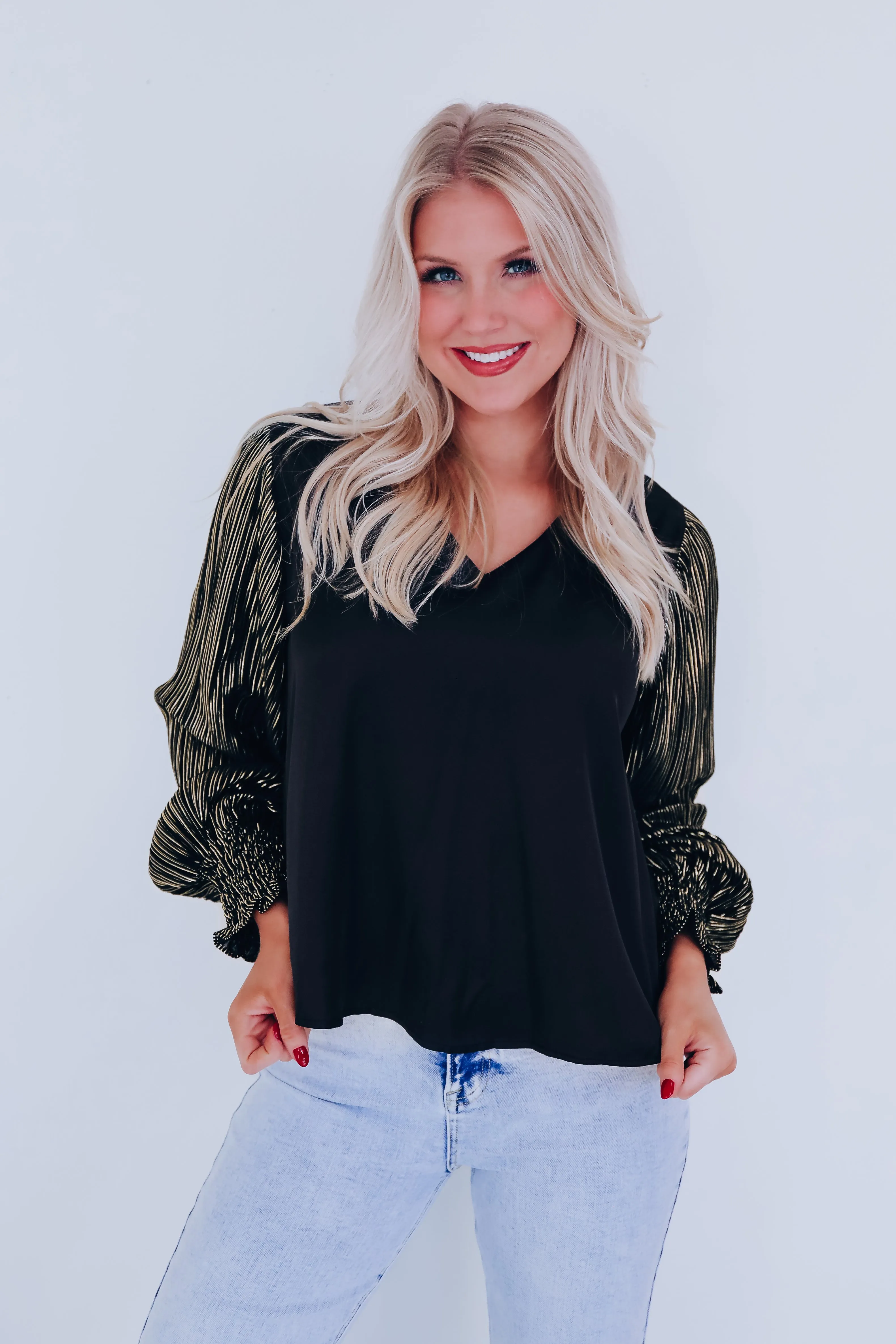Touch Of Chic Shimmer Sleeve Top - Black