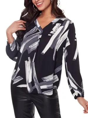 V-Neck Dressy Blouse Black & White Brush Stroke