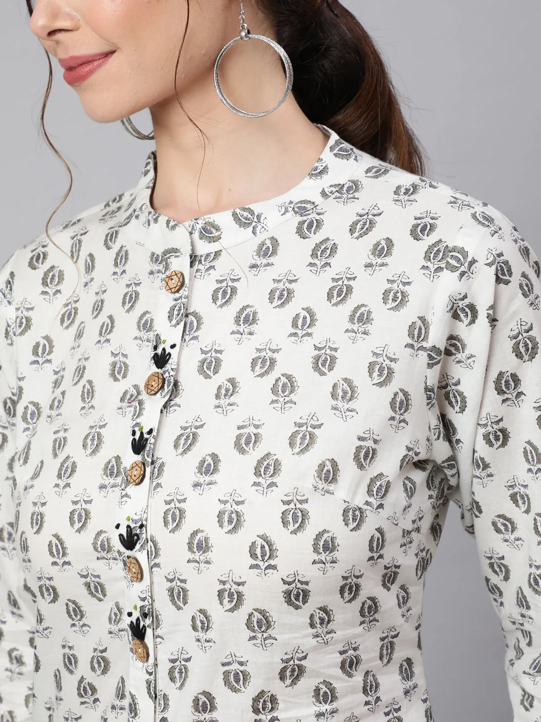 White & Grey Straight Fit Cotton Embroidered Kurta