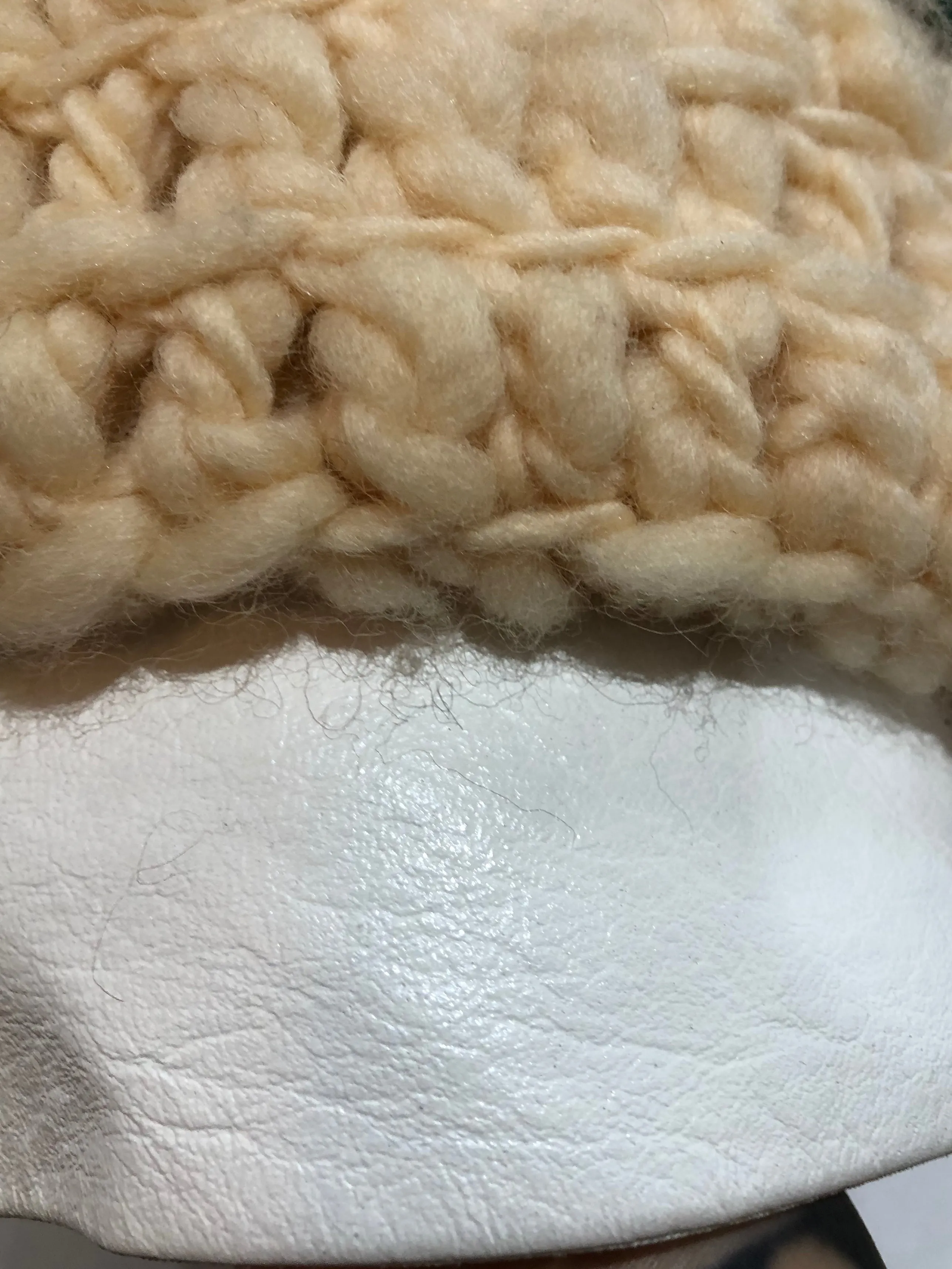 YSL 70s  Ivory Bulky Crochet Hat with Leather Trim