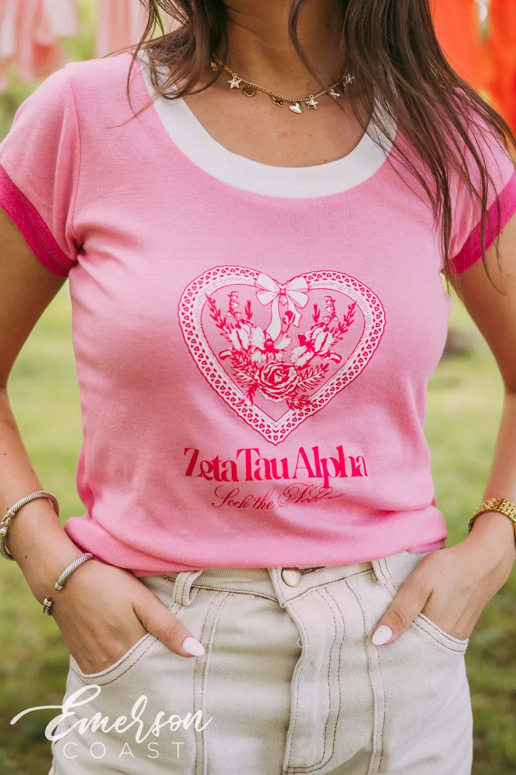 Zeta Tau Alpha Seek The Noblest Coquette Ringer Tee