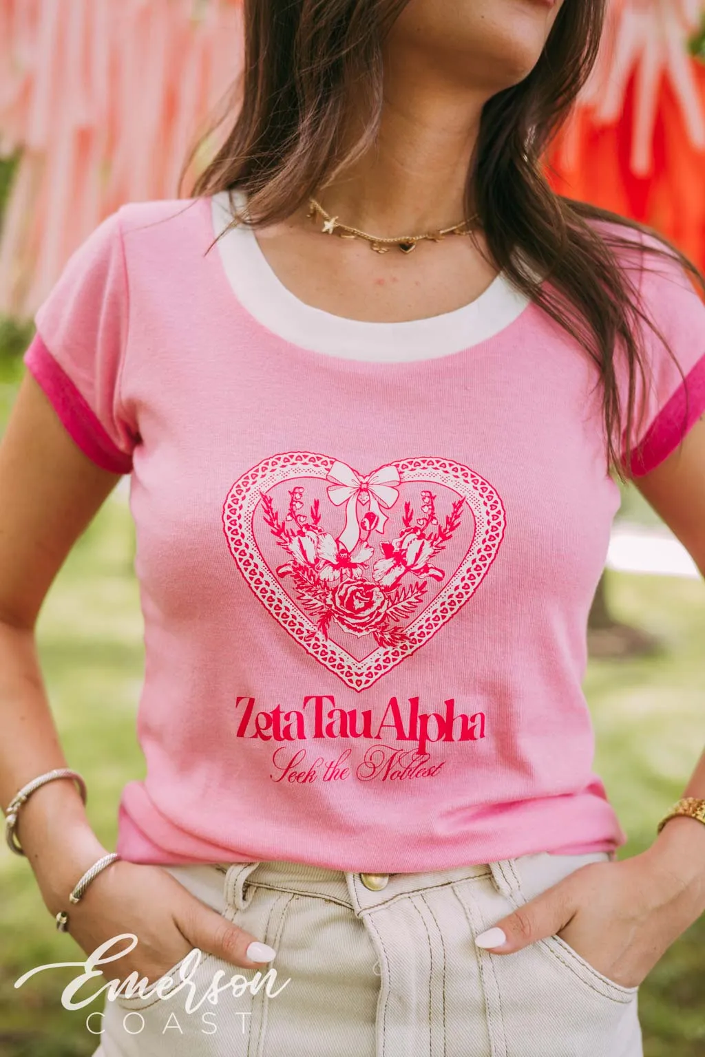 Zeta Tau Alpha Seek The Noblest Coquette Ringer Tee